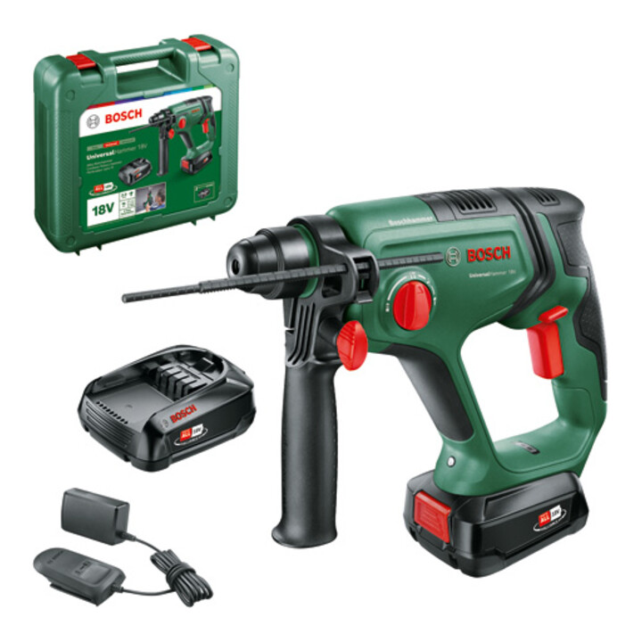 Marteau perforateur sans fil UniversalHammer 18V Bosch, 2 batteries PBA 18V 2.5 Ah, chargeur et coffret
