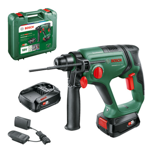 Marteau perforateur sans fil UniversalHammer 18V Bosch, 2 batteries PBA 18V 2.5 Ah, chargeur et coffret
