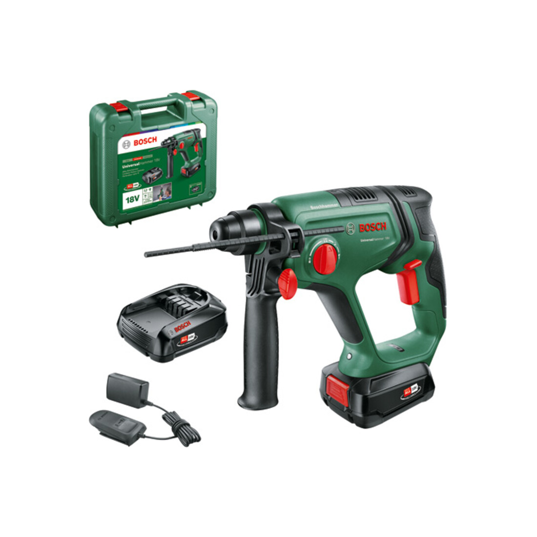 Marteau perforateur sans fil UniversalHammer 18V Bosch, 2 batteries PBA 18V 2.5 Ah, chargeur et coffret
