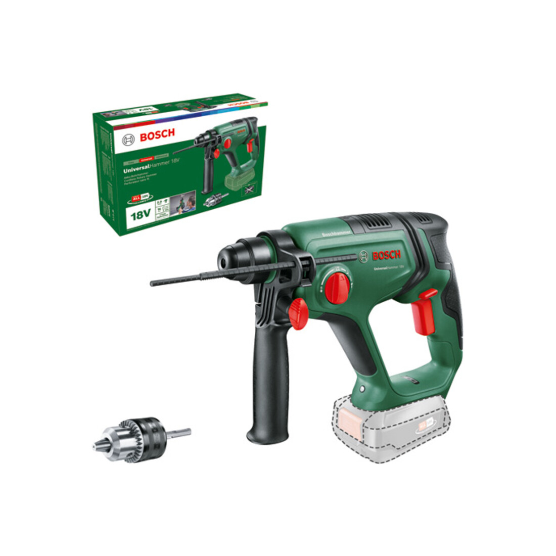 Marteau perforateur sans fil UniversalHammer 18V Bosch, dans son carton
