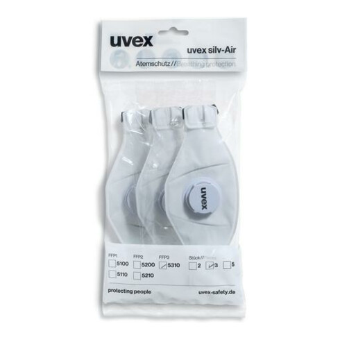 Masque respiratoire jetable Uvex (NR) FFP3 uvex silv-Air 5310, valve d'expiration 360°.