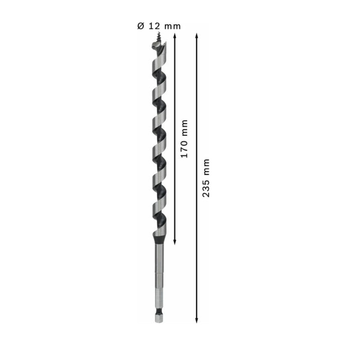 Mèche à bois hélicoïdale, six pans 12 x 170 x 235 mm, d 6,35 mm