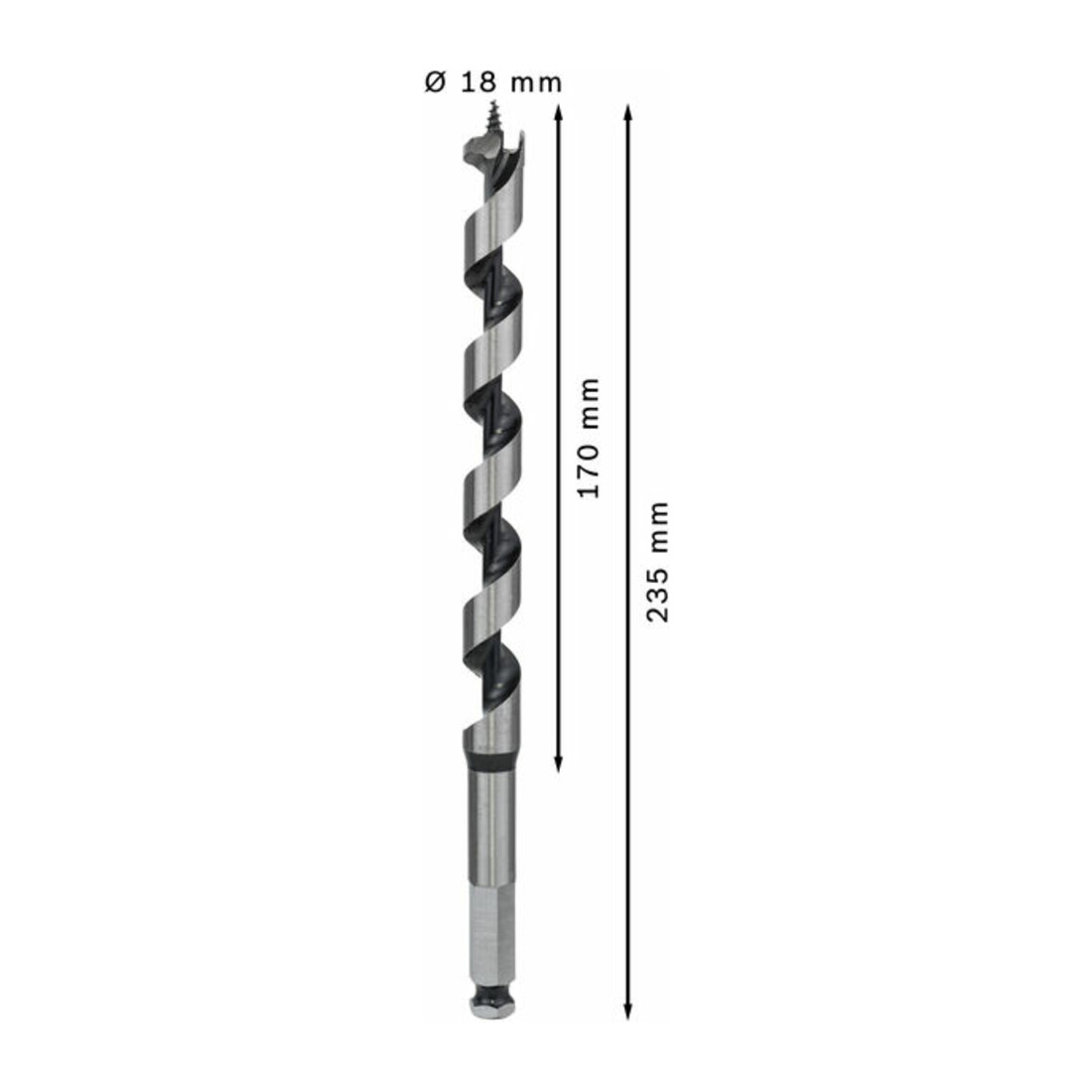 Mèche à bois hélicoïdale, six pans 18 x 170 x 235 mm, d 11,1 mm