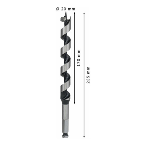Mèche à bois hélicoïdale, six pans 20 x 170 x 235 mm, d 11,1 mm