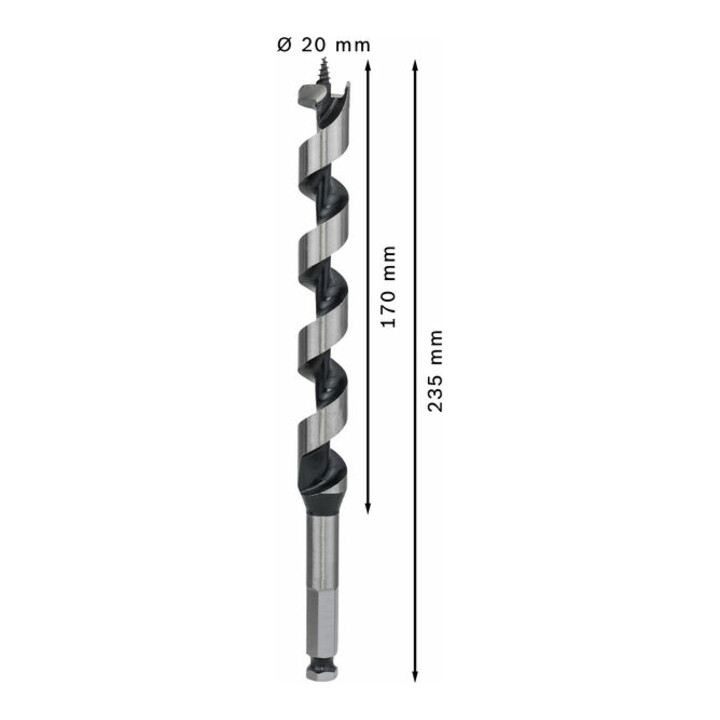 Mèche à bois hélicoïdale, six pans 20 x 170 x 235 mm, d 11,1 mm