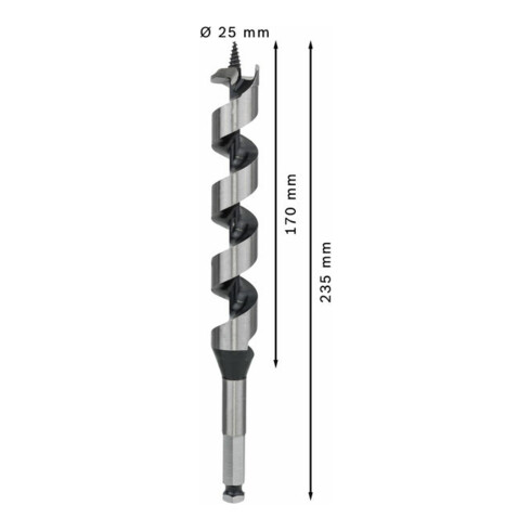 Mèche à bois hélicoïdale, six pans 25 x 170 x 235 mm, d 11,1 mm