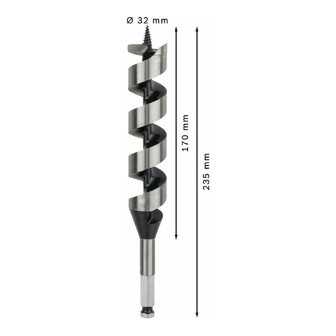 Mèche à bois hélicoïdale, six pans 32 x 170 x 235 mm, d 11,1 mm