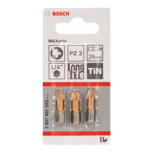 Mèche Bosch Pozidriv MaxGrip Bit, L25 mm, lecteur 1/4", extra dur, paquet de 3