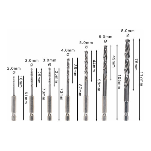 Mèches à bois hélicoïdales Robust Line à queue six pans, jeu de 7 pièces 2; 3; 3; 4; 5; 6; 8 mm