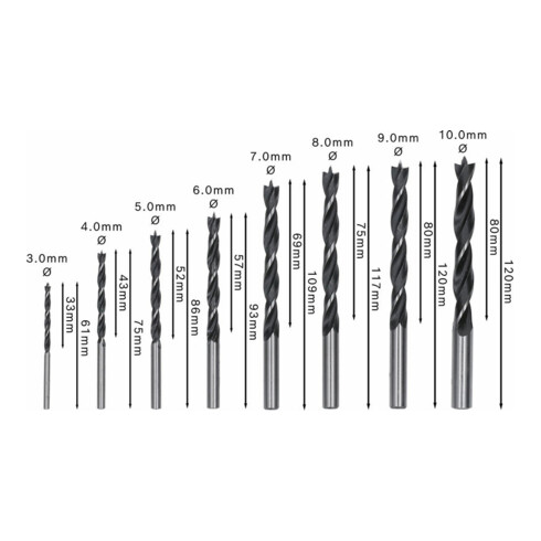 Mèches hélicoïdales à bois Bosch Robust Line, set de 8 pièces 3, 4, 5, 6, 7, 8, 9, 10 mm