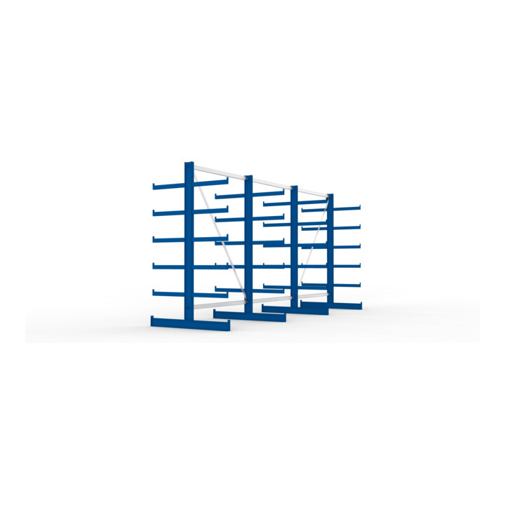 META Atlas ST Kragarmregal 2000x500x4050 mm, doppelseitig mit 4 Ständer und 12 Lagerebenen, 1350 mm Achsmaß, enzianblau