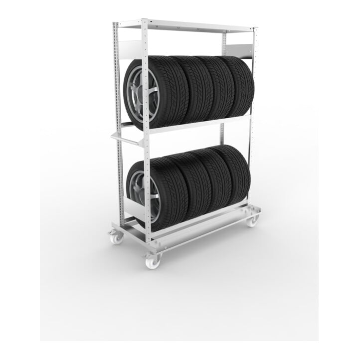 META CLIP Räderregalwagen 1850x1300x400 mm, mit 2 Reifenebenen und Fachboden, verzinkt