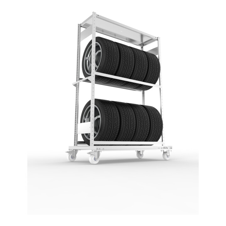 META CLIP Räderregalwagen 1850x1300x400 mm, mit 2 Reifenebenen und Fachboden, verzinkt