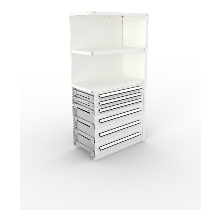META CLIP150 Schrankmodul 2000x1000x500 mm, Anbaumodul mit 2 Böden und  6 Schubladen, lichtgrau
