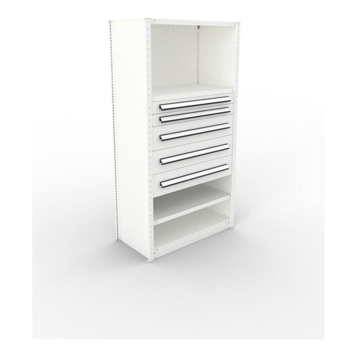 META CLIP150 Schrankmodul 2000x1000x500 mm, mit 4 Fachböden und 5 Schubladen, lichtgrau