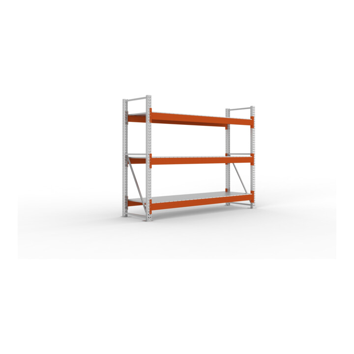 Meta Großfachregal Grundregal 2200 x 2700 x 800 mm verzinkt / rotorange multipal S + Stahlpaneelen