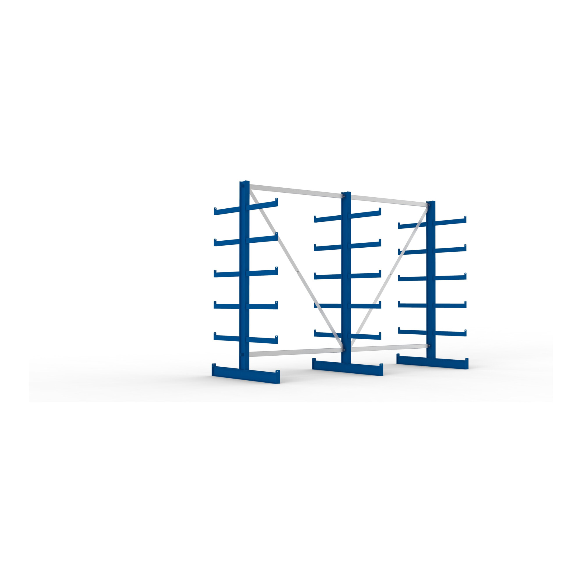 Meta Kragarmregal Atlas ST doppelseitig 3 Ständer 2000 x 500 x 2700 mm Tiefe + 2 x 5 Arme enzianblau