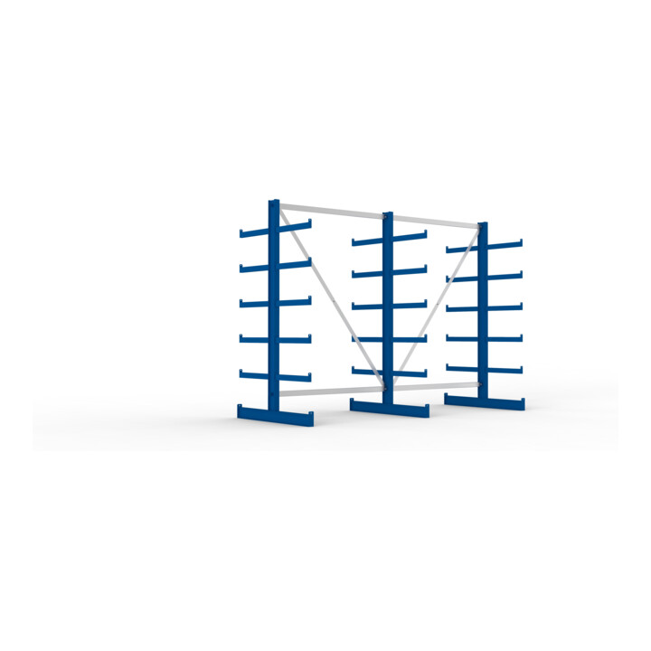 Meta Kragarmregal Atlas ST doppelseitig 3 Ständer 2000 x 500 x 2700 mm Tiefe + 2 x 5 Arme enzianblau