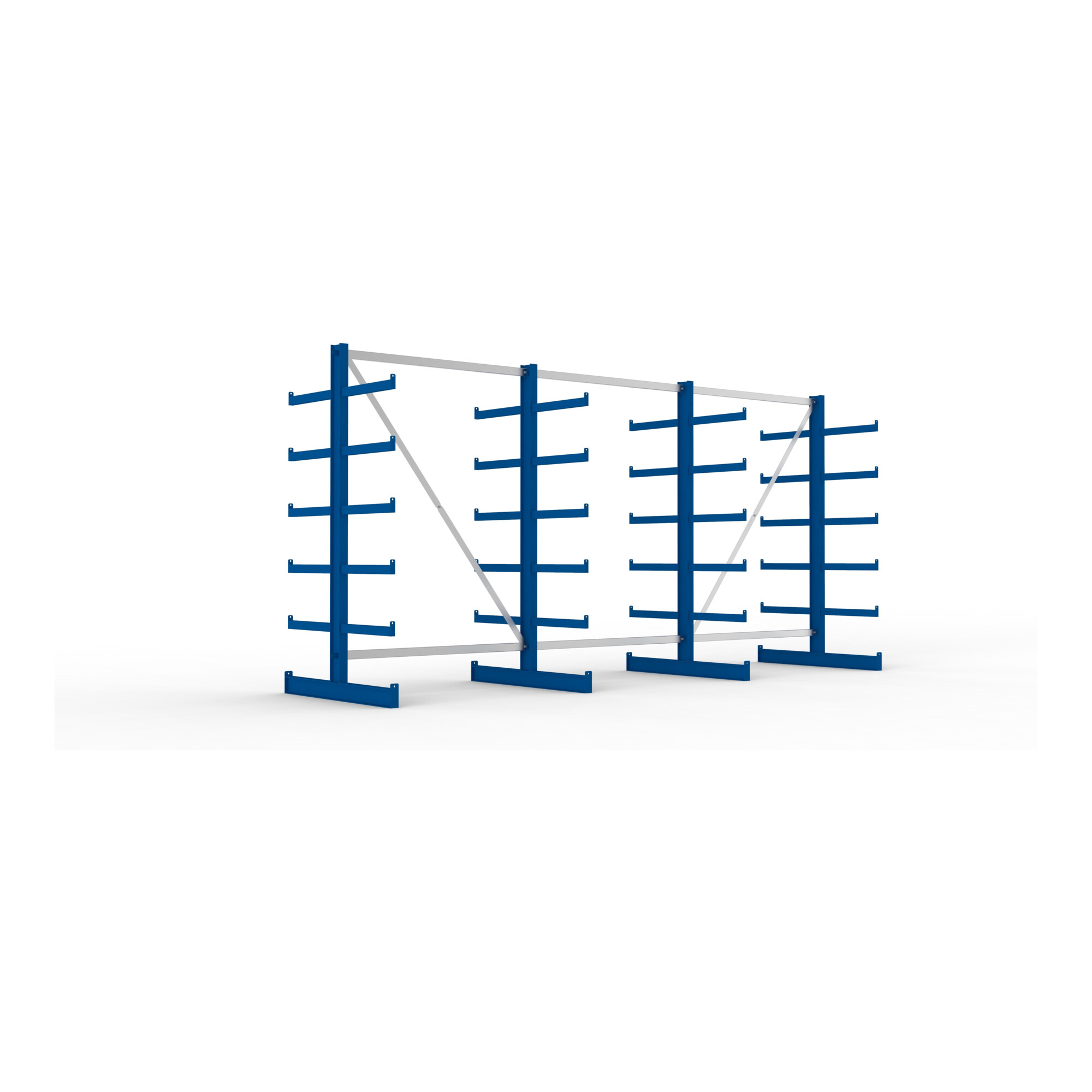 Meta Kragarmregal Atlas ST doppelseitig 4 Ständer 2000 x 500 x 4050 mm Tiefe + 2 x 5 Arme enzianblau