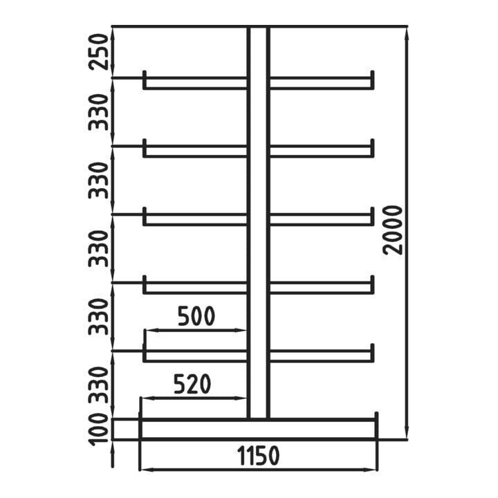 Meta Kragarmregal Atlas ST doppelseitig 5 Ständer 2000 x 500 x 5400 mm Tiefe + 2 x 5 Arme enzianblau