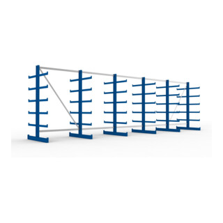 Meta Kragarmregal Atlas ST doppelseitig 6 Ständer 2000 x 500 x 6750 mm Tiefe + 2 x 5 Arme enzianblau