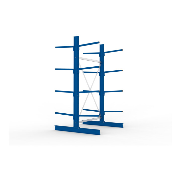 META Kragarmregal IPE120 2500x1300x1200 mm Grundregal, doppelseitig mit 8 Kragarmen je Ständer, enzianblau