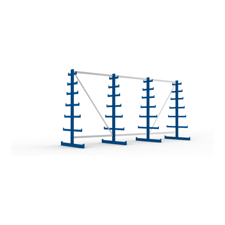 Meta Langgutregal System ATLAS ST doppelseitig 4 Ständer Enzianblau 2000 x 500 x 4050 mm 2 x 500 mm bis 150 mm