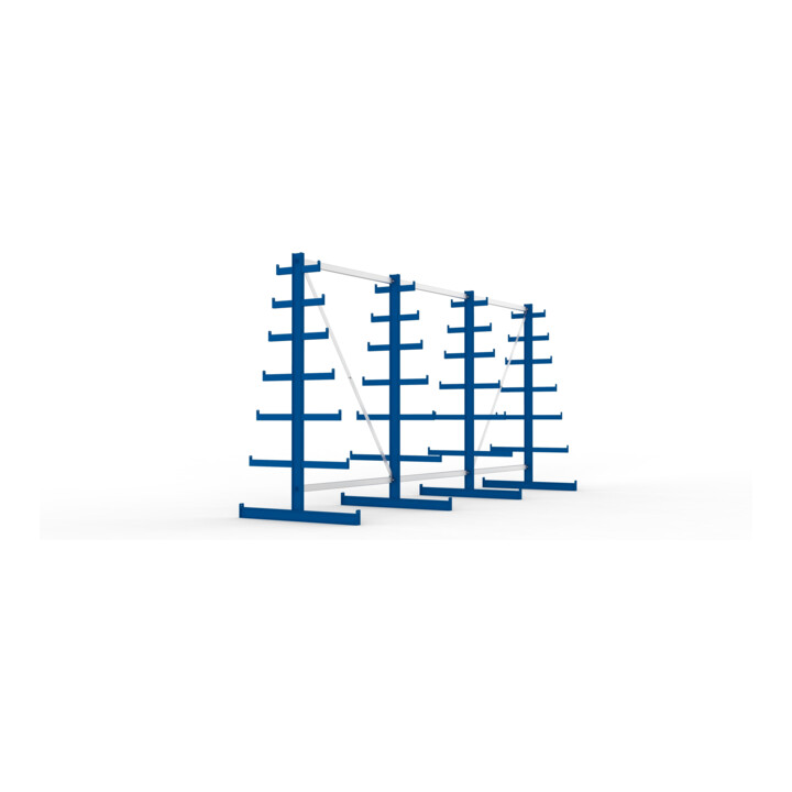 Meta Langgutregal System ATLAS ST doppelseitig 4 Ständer Enzianblau 2000 x 500 x 4050 mm 2 x 500 mm bis 150 mm