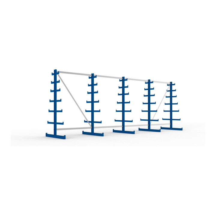 Meta Langgutregal System ATLAS ST doppelseitig 5 Ständer Enzianblau 2000 x 500 x 5400 mm 2 x 500 mm bis 150 mm
