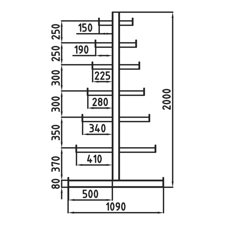 Meta Langgutregal System ATLAS ST doppelseitig 5 Ständer Enzianblau 2000 x 500 x 5400 mm 2 x 500 mm bis 150 mm