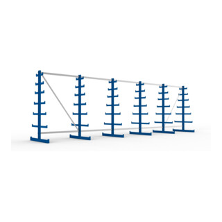 Meta Langgutregal System ATLAS ST doppelseitig 6 Ständer Enzianblau 2000 x 500 x 6750 mm 2 x 500 mm bis 150 mm
