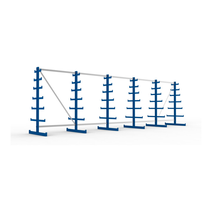 Meta Langgutregal System ATLAS ST doppelseitig 6 Ständer Enzianblau 2000 x 500 x 6750 mm 2 x 500 mm bis 150 mm