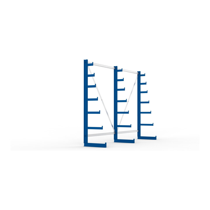 Meta Langgutregal System ATLAS ST einseitig 3 Ständer Enzianblau 2000 x 500 x 2700mm + 500 mm bis 150 mm
