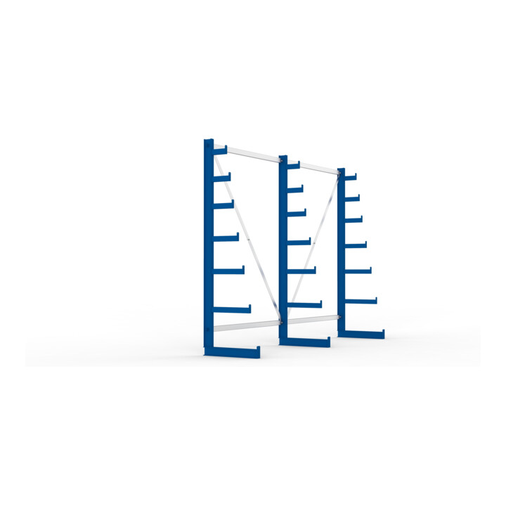 Meta Langgutregal System ATLAS ST einseitig 3 Ständer Enzianblau 2000 x 500 x 2700mm + 500 mm bis 150 mm