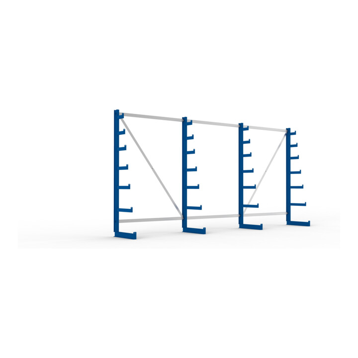 Meta Langgutregal System ATLAS ST einseitig 4 Ständer Enzianblau 2000 x 500 x 4050mm + 500 mm bis 150 mm
