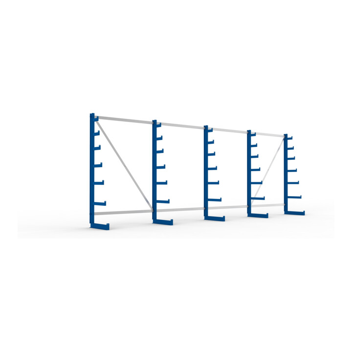 Meta Langgutregal System ATLAS ST einseitig 5 Ständer Enzianblau 2000 x 500 x 5400mm + 500 mm bis 150 mm