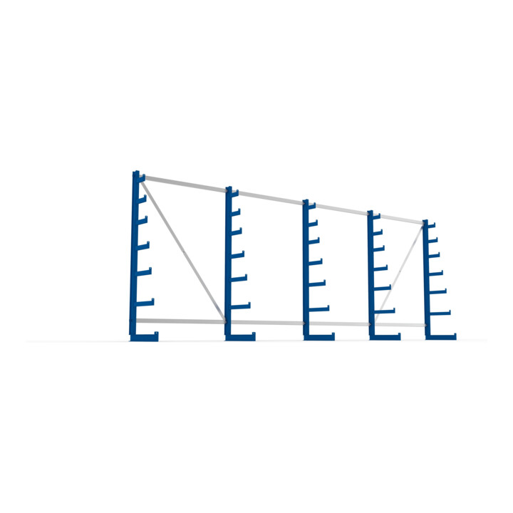 Meta Langgutregal System ATLAS ST einseitig 5 Ständer Enzianblau 2000 x 500 x 5400mm + 500 mm bis 150 mm