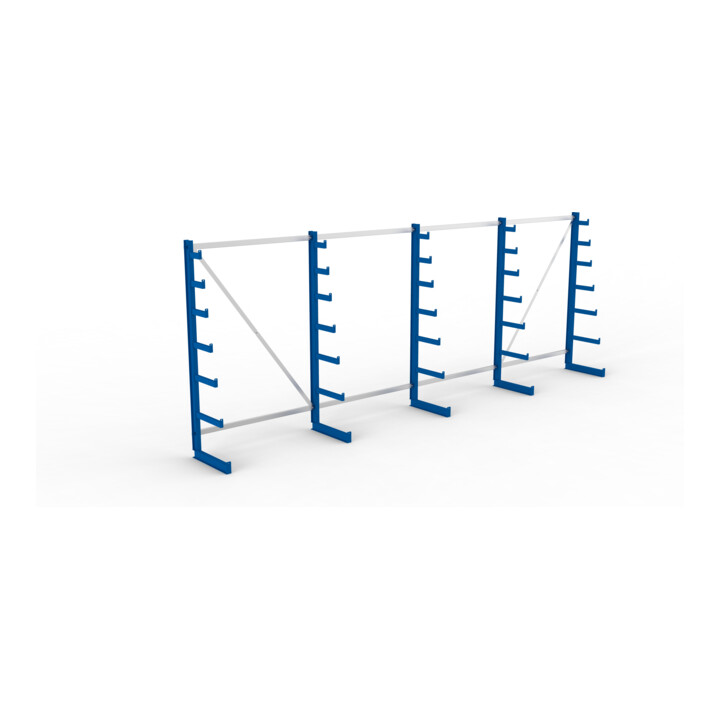 Meta Langgutregal System ATLAS ST einseitig 5 Ständer Enzianblau 2000 x 500 x 5400mm + 500 mm bis 150 mm