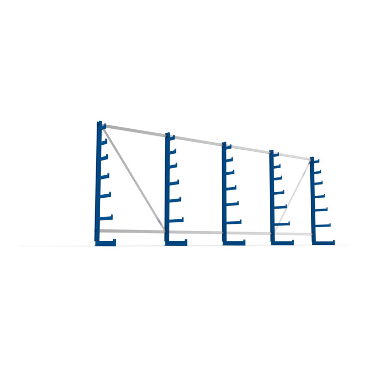 Meta Langgutregal System ATLAS ST einseitig 5 Ständer Enzianblau 2000 x 500 x 5400mm + 500 mm bis 150 mm