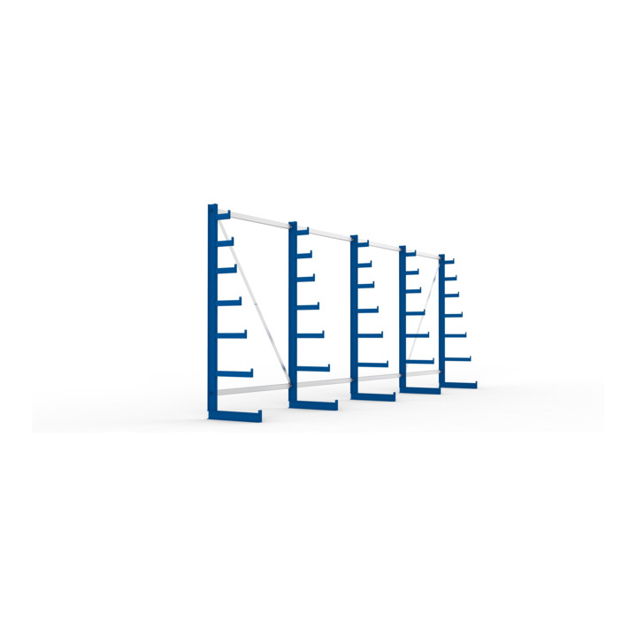 Meta Langgutregal System ATLAS ST einseitig 5 Ständer Enzianblau 2000 x 500 x 5400mm + 500 mm bis 150 mm
