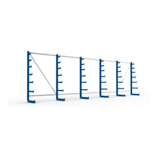 Meta Langgutregal System ATLAS ST einseitig 6 Ständer Enzianblau 2000 x 500 x 6750mm + 500 mm bis 150 mm