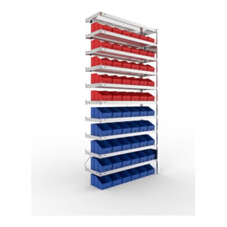 META S3 CLIP Sichtlagerkastenregal 2000x1000x300 mm, Anbauregal mit 10 Fachböden und 60 Sichtlagerkästen, verzinkt