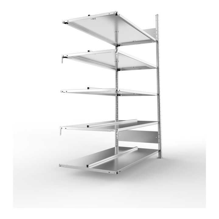 META S3 COMPACT Büroregal 1850x1250x600 mm (HxBxT), Anbauregal doppelseitig mit 5 Böden, 80 Kg Fachlast, verzinkt