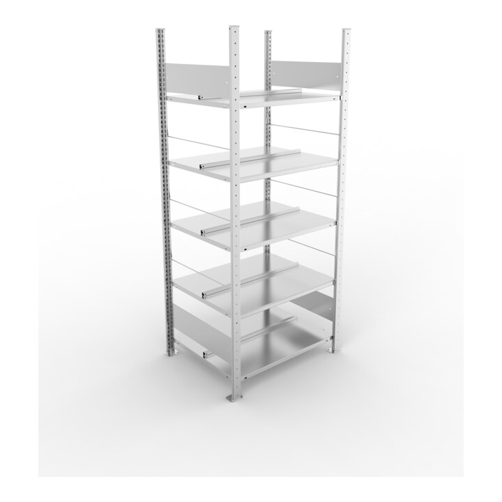 META S3 COMPACT Büroregal 1850x750x600 mm (HxBxT), doppelseitig mit 5 Böden, 80 Kg Fachlast, verzinkt