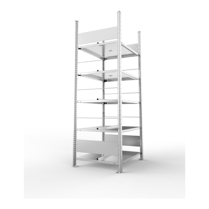 META S3 COMPACT Büroregal 1850x750x600 mm (HxBxT), doppelseitig mit 5 Böden, 80 Kg Fachlast, verzinkt