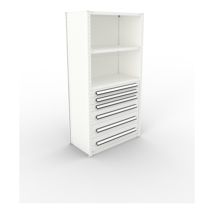 META Schrankmodul CLIP 150 2000 x 1000 x 500 mm RAL 7035 mit 3 Böden und 3 Schubladen