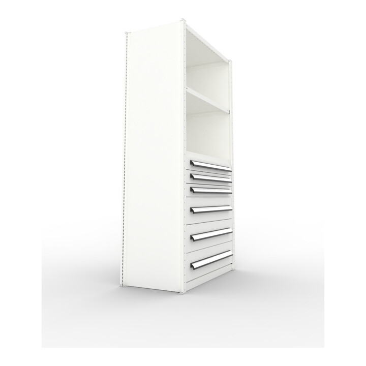 META Schrankmodul CLIP 150 2000 x 1000 x 500 mm RAL 7035 mit 3 Böden und 3 Schubladen