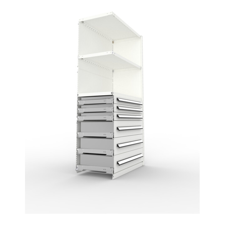 META Schrankmodul CLIP 150 2000 x 1000 x 500 mm RAL 7035 mit Schubladen