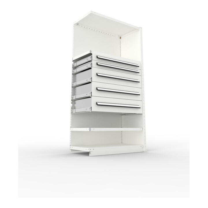 META Schrankmodul CLIP AR 2000 x 1000 x 500 mm RAL 7035 mit 4 Böden 5 Schubladen