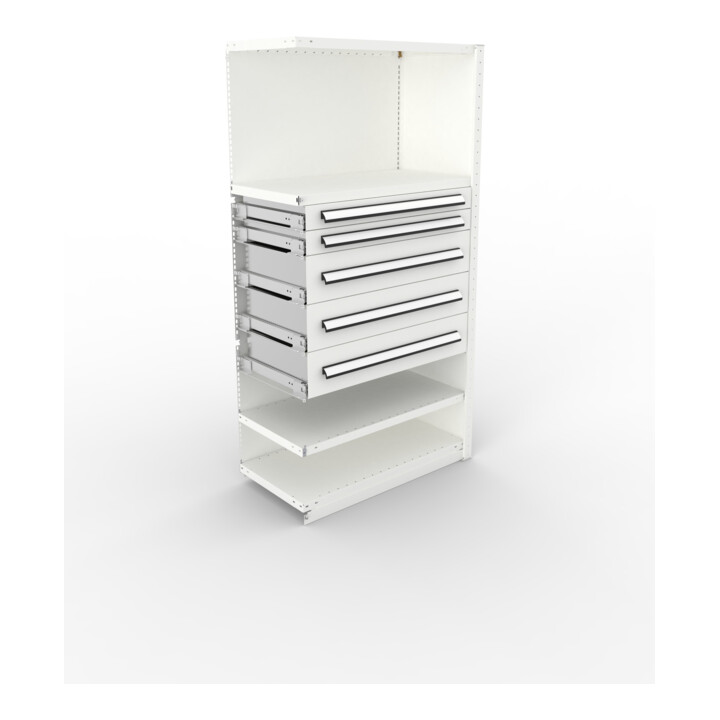 META Schrankmodul CLIP AR 2000 x 1000 x 500 mm RAL 7035 mit 4 Böden 5 Schubladen